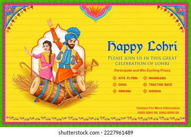 illustration of people celebrate and dancing bhangra for Happy Lohri holiday background for Punjabi festival India