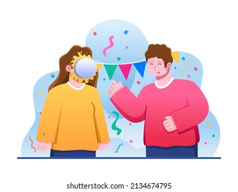 Illustration Of People Celebrating April Fools With Prank Throwing Pie On Friend Face. April Fool Prank Idea. Can Be Used For Banner, Web, Animation, Greeting Card, Etc. 