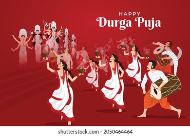 Illustration of people celebrating the Happy Durga Puja, Subh Navratri Festival with Dhunuchi dance on dhak music