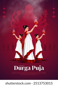 Ilustración de personas celebrando el Happy Durga Puja, Subh Navratri Festival con danza Dhunuchi sobre música dhak