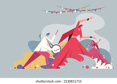 Illustration of people celebrating Holi by dancing in splash of colours