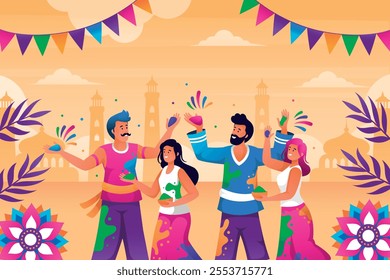 Illustration of people celebrating Holi with colorful powders, set against a backdrop of traditional Indian architecture and festive decorations.