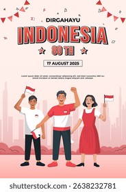 Illustration of people celebrating Indonesian Independence Day with joyful expressions and waving national flags.