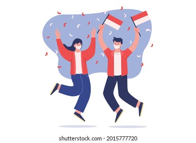 Illustration of people celebrating Indonesia's independence day, they are wearing masks to prevent the covid-19 virus, in a trendy flat design style. Editable vector Eps 10.