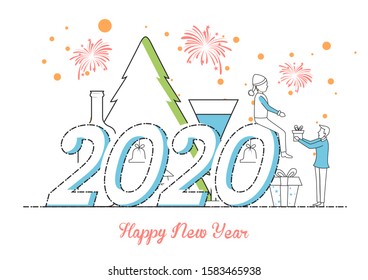 illustration of people celebrating Merry Christmas and Happy New Year 2020 on holiday background