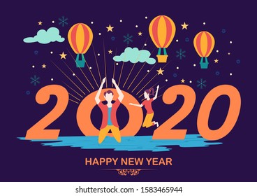 illustration of people celebrating Merry Christmas and Happy New Year 2020 on holiday background