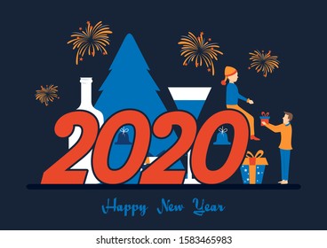 illustration of people celebrating Merry Christmas and Happy New Year 2020 on holiday background