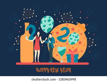 illustration of people celebrating Merry Christmas and Happy New Year 2020 on holiday background