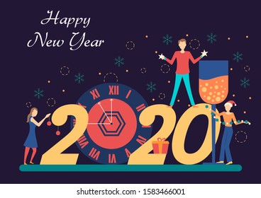 illustration of people celebrating Merry Christmas and Happy New Year 2020 on holiday background