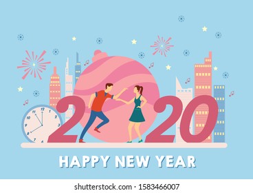 illustration of people celebrating Merry Christmas and Happy New Year 2020 on holiday background