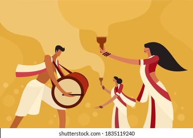 Illustration of people celebrating the occasion of Durga Puja Festival in India