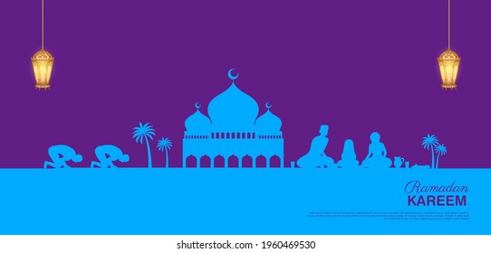 illustration of people celebrating Ramadan Kareem (Generous Ramadan)  of Islam religious holiday festival Eid