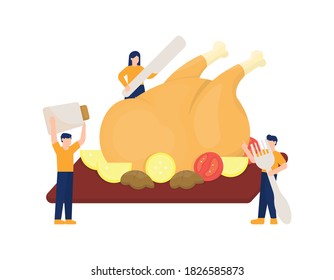 illustration of people celebrating thanksgiving by making roast turkey or chicken. men with salt and forks, women with knives. garnishes such as lime, tomato, and mushrooms. flat style. design element