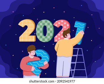 Illustration People are Change Year From 2021 to 2022 Calendar. Welcome 2022 and goodbye 2021. New Year Concept Design Cartoon Illustration. Can be used for greeting card, postcard, banner, web, print