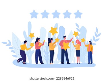 Illustration of people characters giving five-star feedback through stars rating system. Vector concepts depicting customer reviews with both positive and negative ratings. Vector.