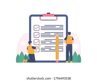 illustration of people checking a question paper. concept of survey, checklist, research, assessment. flat design. can be used for elements, landing pages, UI, website, characters
