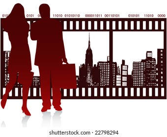 Illustration of people and city
