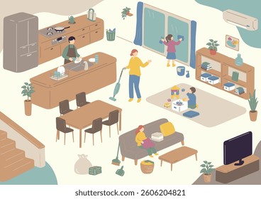 Illustration of people cleaning the living room