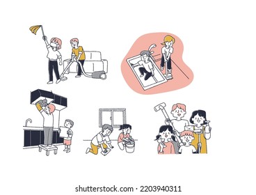 Illustration Of People Cleaning Up With The Whole Family Comical Hand-drawn Characters Vector, Line Drawing And Color