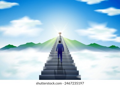 illustration of people climbing stairs to a trophy at the top of a mountain covered in sparkling light