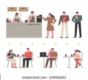 Illustration of people in coffee shop. Customer, barista, and coffee-drinking people. flat design style vector graphic illustration.