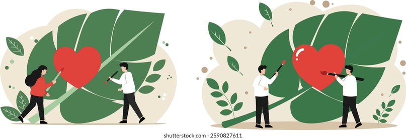  Illustration of people collaboratively painting a red heart on a large green leaf, representing love for nature, environmental care, sustainability, and ecological awareness in a creative, 