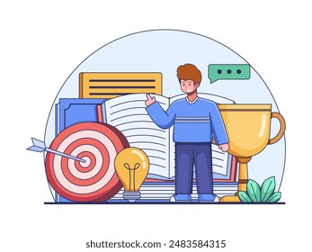 Illustration of people committed to learning and achieving goal. The people stand beside an open book symbolizing knowledge acquisition. A golden trophy representing success, dartboard depicting goal