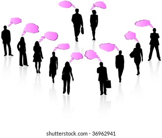 Illustration of people and communication bubbles