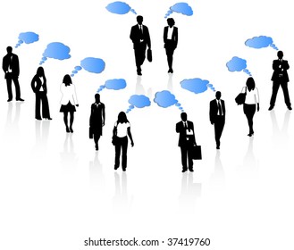 Illustration of people and communication bubbles