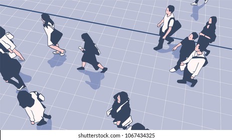 Illustration of people commuters walking in  urban public transport station platform