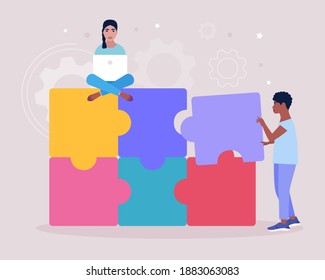 Illustration of people connecting missing element of puzzle. Problem solving concept. Puzzle solution. Right choice. Vector illustration in a flat style