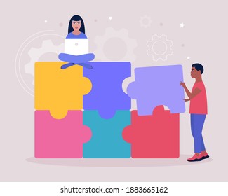 Illustration of people connecting missing element of puzzle. Problem solving concept. Puzzle solution. Right choice. Vector illustration in a flat style