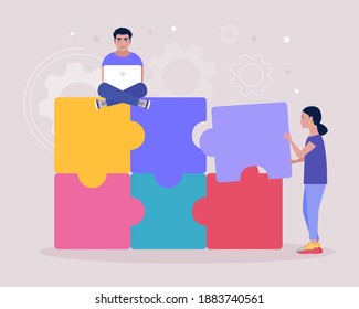 Illustration of people connecting missing element of puzzle. Problem solving concept. Puzzle solution. Right choice. Vector illustration in a flat style