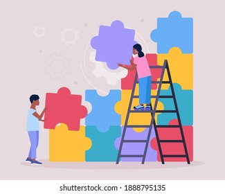 Illustration of people connecting missing element of puzzle. Problem solving concept. Puzzle solution. Right choice. Vector illustration in a flat style