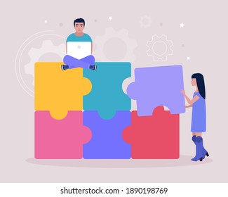 Illustration of people connecting missing element of puzzle. Problem solving concept. Puzzle solution. Right choice. Vector illustration in a flat style