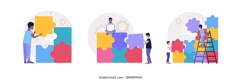 Ilustración de personas que conectan el elemento faltante del rompecabezas. Concepto de resolución de problemas. Solución de rompecabezas. La elección correcta. Ilustración vectorial en un estilo plano
