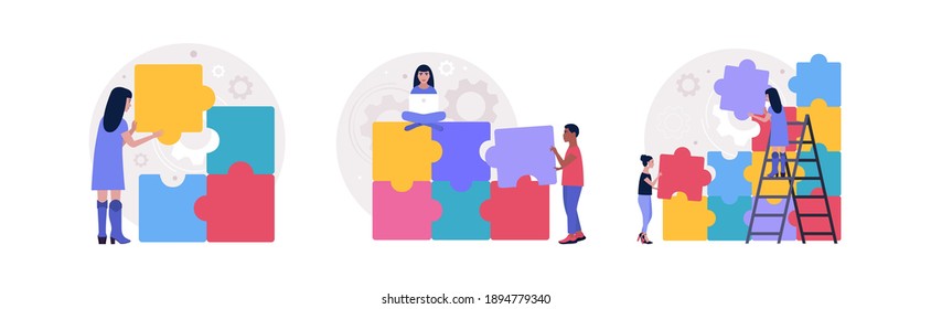 Illustration of people connecting missing element of puzzle. Problem solving concept. Puzzle solution. Right choice. Vector illustration in a flat style