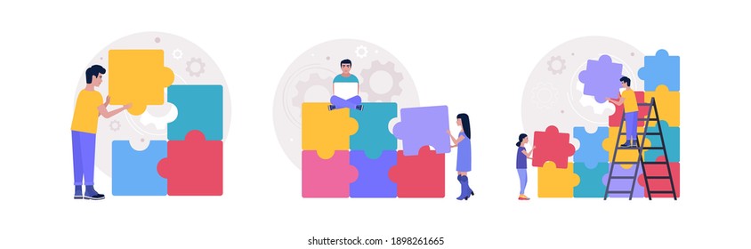 Illustration of people connecting missing element of puzzle. Problem solving concept. Puzzle solution. Right choice. Vector illustration in a flat style