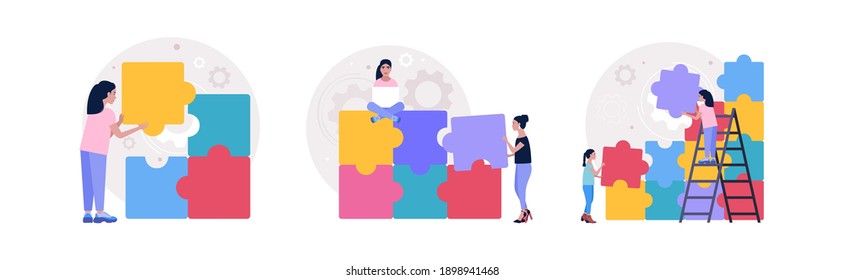 Illustration of people connecting missing element of puzzle. Problem solving concept. Puzzle solution. Right choice. Vector illustration in a flat style