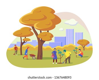 Illustration of people contribute to the ecology, caring for the autumn park in the city, planting trees, cleaning the territory