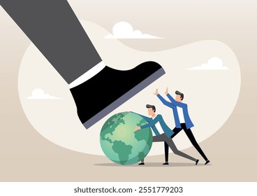 An illustration of people corporate men together help protect the wold from bad guy destroying stomp. protect the world or sustainability and responsibility concept