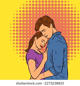 Illustration of a people couple man and woman holding each other. Illustration of a romantic couple cuddling in retro comic pop art style.