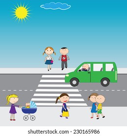 Illustration of people crossing the street in the city