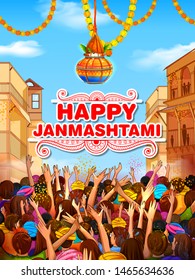 illustration of people crowd celebrating dahi handi celebration in Happy Janmashtami festival background of India