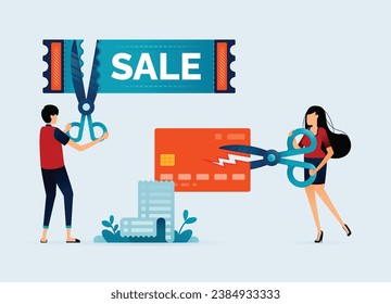 illustration of people cut credit cards and promotional shopping offer vouchers with scissors to get discounts. Can be used for posters, banners, websites