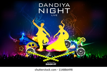 illustration of people dancing on disc in dandiya night