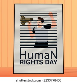 Illustration of people defending human rights with megaphone behind grate. Happy international world human rights day. Human rights day banner of diverse people hands vector image.