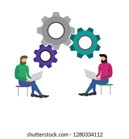 Illustration of people designers programmers at laptop gear abstraction on white background print icon typography vector