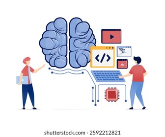 Illustration of People Developing Artificial Intelligence with Programming Languages and Coding for Network and Chip Optimization