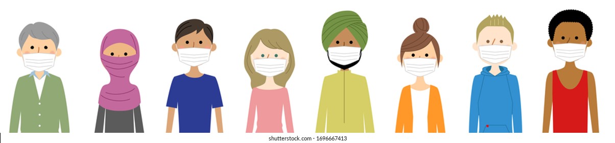 Illustration of people from different countries wearing masks.